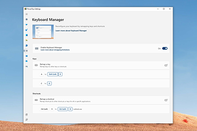 واجهة Keyboard Manager لإعادة تعيين المفاتيح
